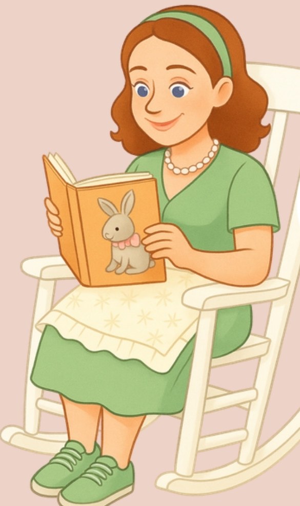 Cartoon of Lisa reading a story in a rocking chair