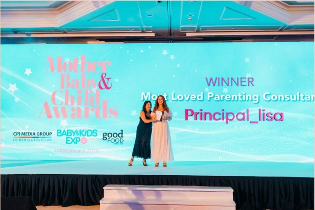 Lisa on stage receiving the Most Loved Parenting Consultant award at the Mother Baby & Child Awards in the UAE