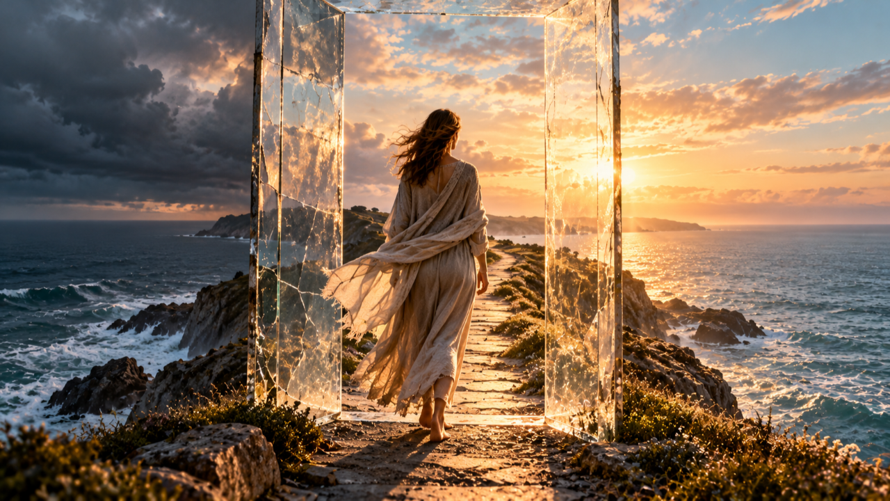 A solitary figure walking through a transparent glass threshold along a narrow coastal path, with stormy ocean waters on one side and sunlit waters on the other, symbolizing grief, transformation, and the uncertainty of becoming.
