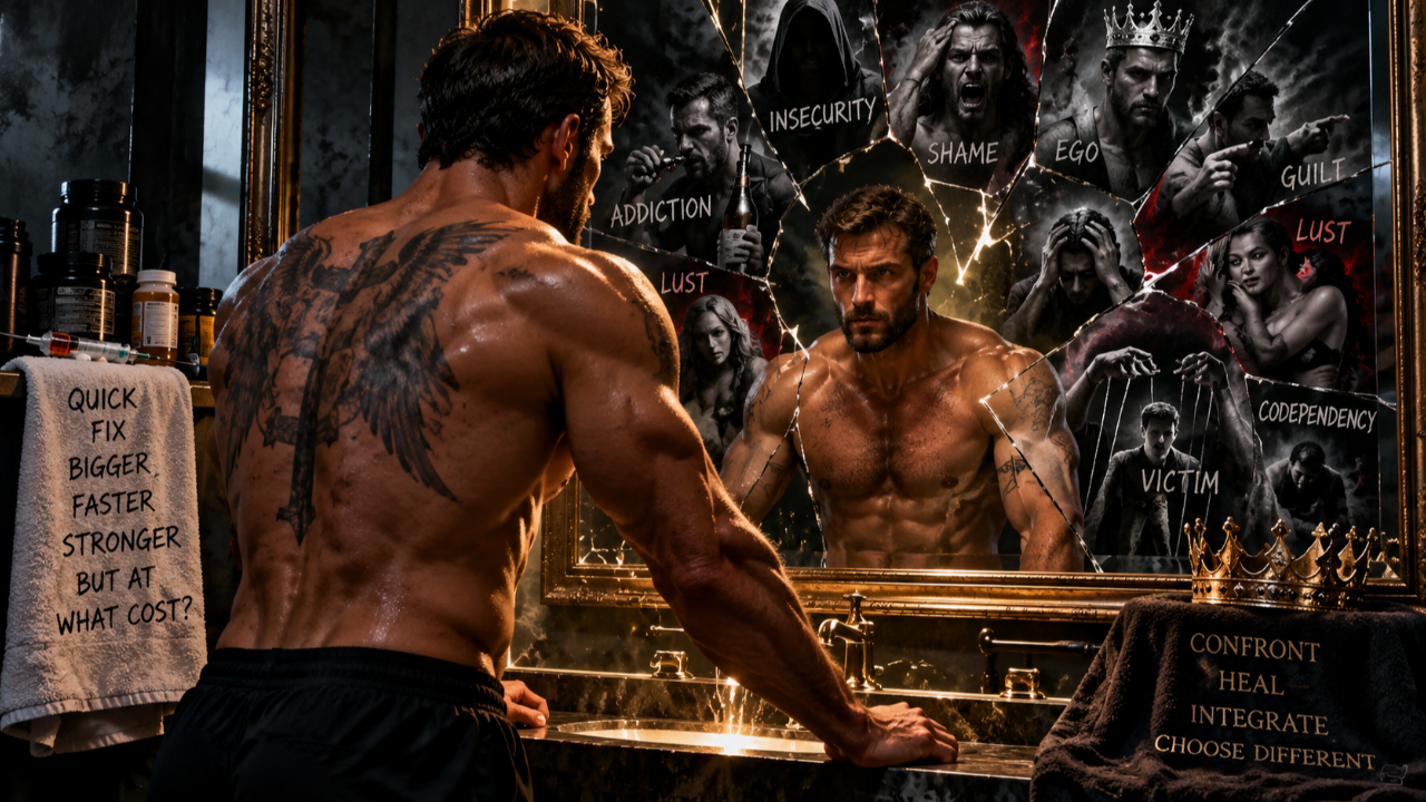Muscular tattooed man confronts reflections of addiction, shame, guilt, insecurity, ego, and codependency in a shattered mirror, symbolizing shadow work and healing.
