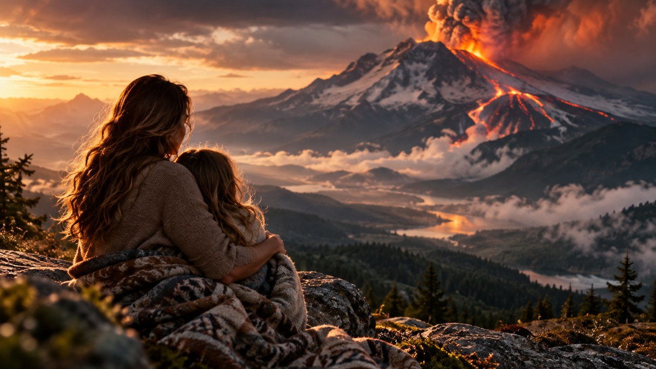 A woman holding a young girl on a rocky hillside, watching a distant volcano erupt, symbolizing emotional shock, inner child healing, and safety.