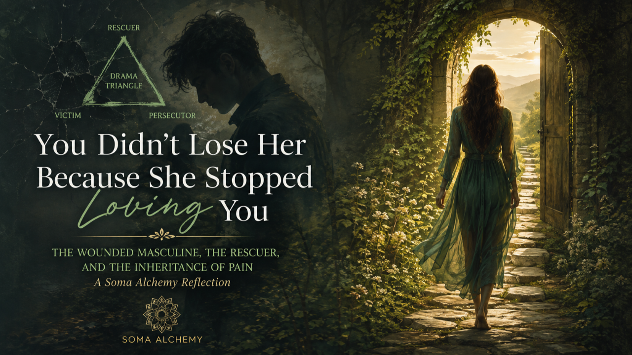 Woman walking away from a wounded masculine figure toward the light, representing codependency, the Drama Triangle, boundaries and healing.