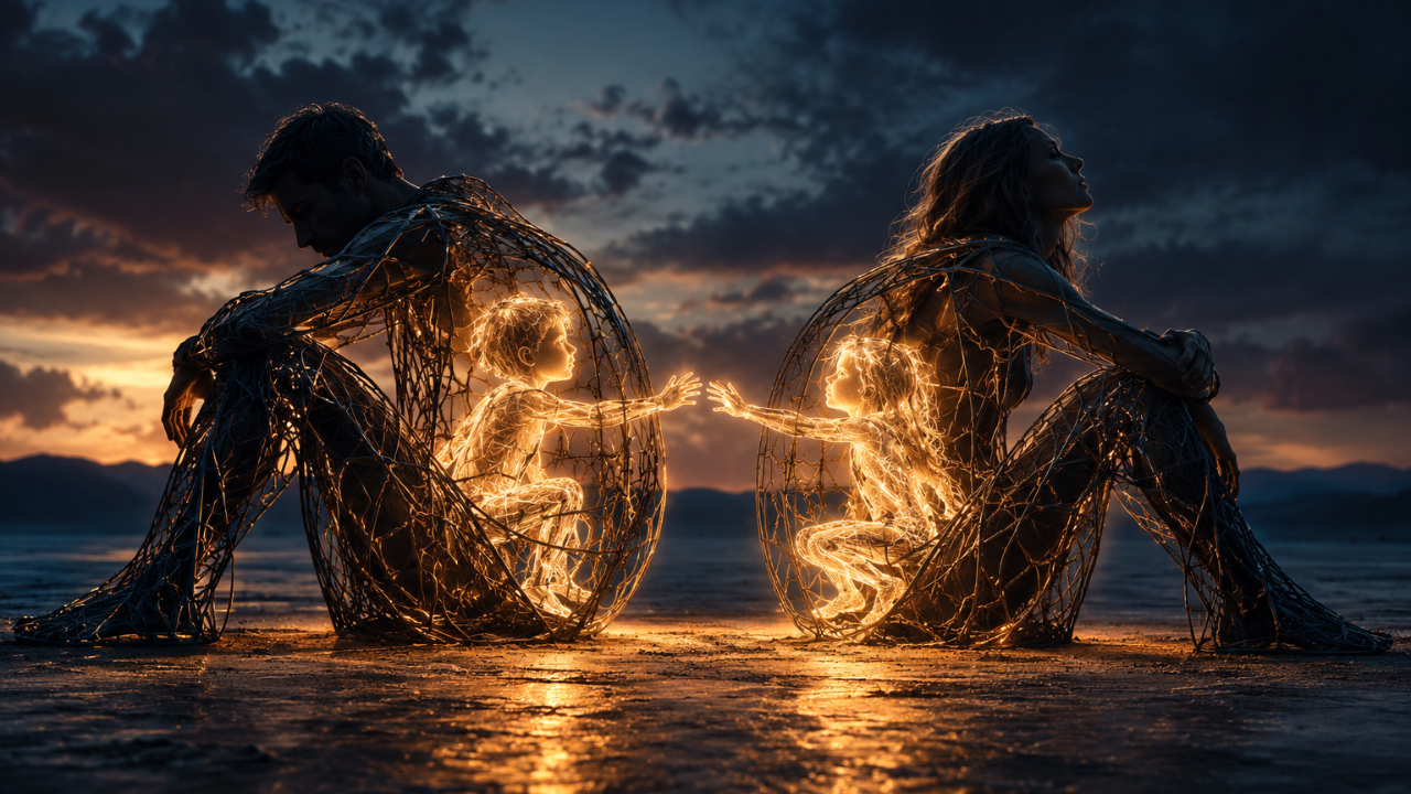 Two adults sitting back-to-back in emotional disconnection, their bodies formed from dark wire sculptures, while their luminous inner children reach toward one another, symbolizing childhood wounds, nervous system defenses, and the longing for connection.
