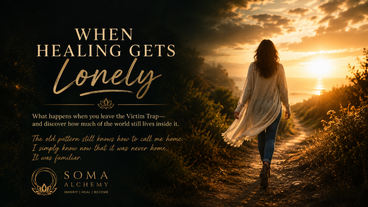 Woman walking from darkness toward golden light, representing healing, leaving old survival patterns, reclaiming agency and becoming.