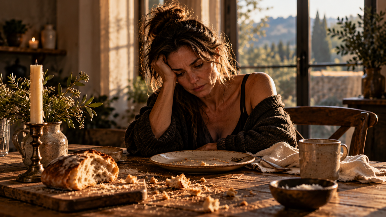 Exhausted woman sitting alone at a rustic table, staring at breadcrumbs on an empty plate in a moment of realization.
