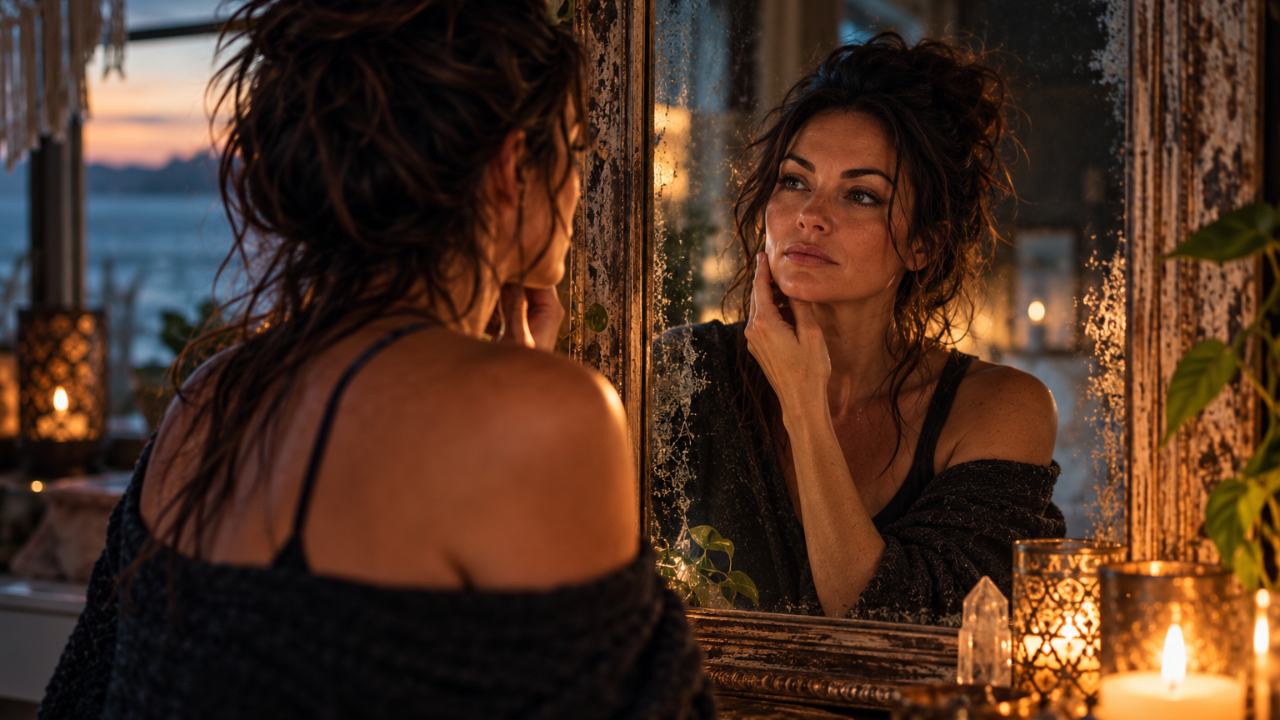 A woman thoughtfully studies her reflection in an antique mirror, surrounded by warm candlelight, symbolizing self-awareness, shadow work, and personal growth.