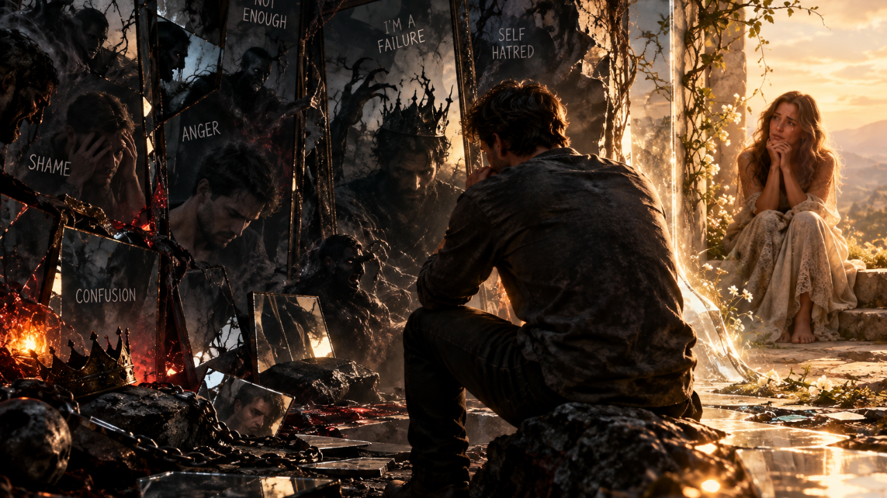 A man surrounded by fractured mirrors reflecting shame, anger, and self-hatred, while a tearful woman waits beyond the shadows in warm light.