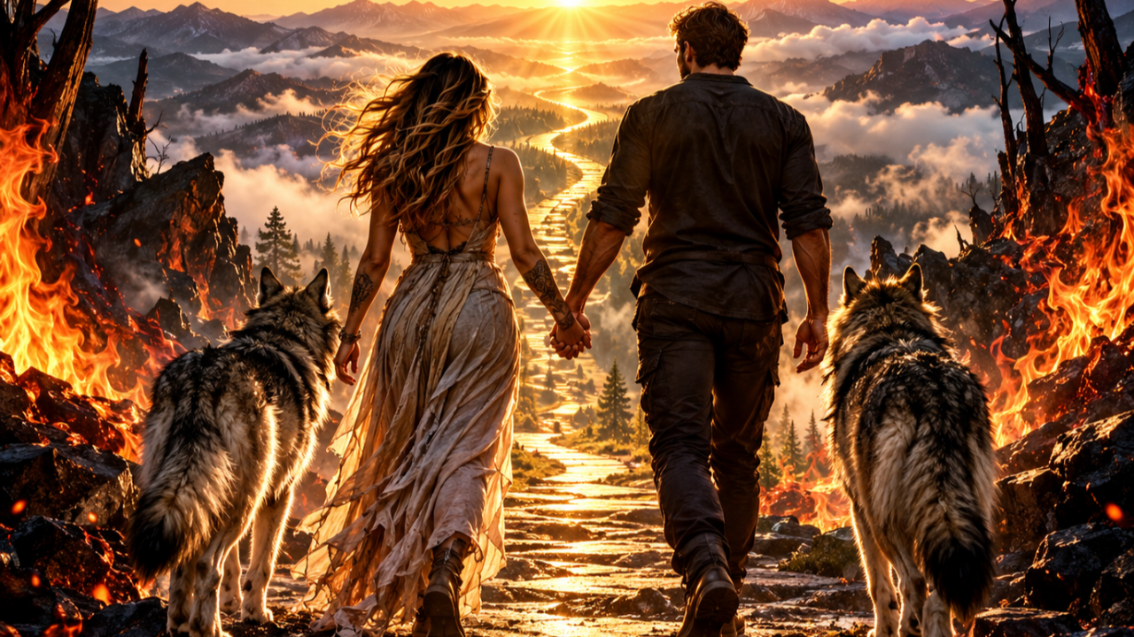 A woman and man holding hands, walking alongside two wolves through a fire-scarred landscape toward a golden sunrise, symbolizing love, healing, transformation, and shared growth.