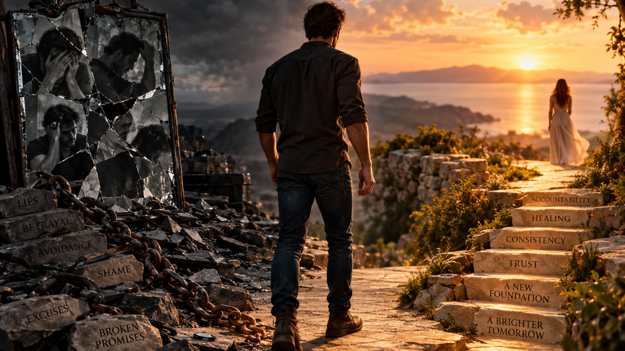 A man walks away from shattered reflections of shame, betrayal, and broken promises toward a sunlit path of accountability, healing, trust, and relationship repair.