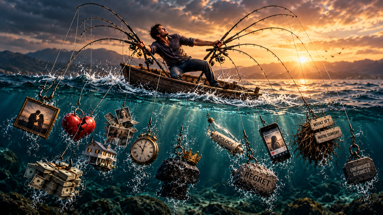A man struggles to balance in a wooden boat while multiple fishing rods pull him toward the water, with hooks attached to symbols of heartbreak, regret, memories, and unresolved relationships.