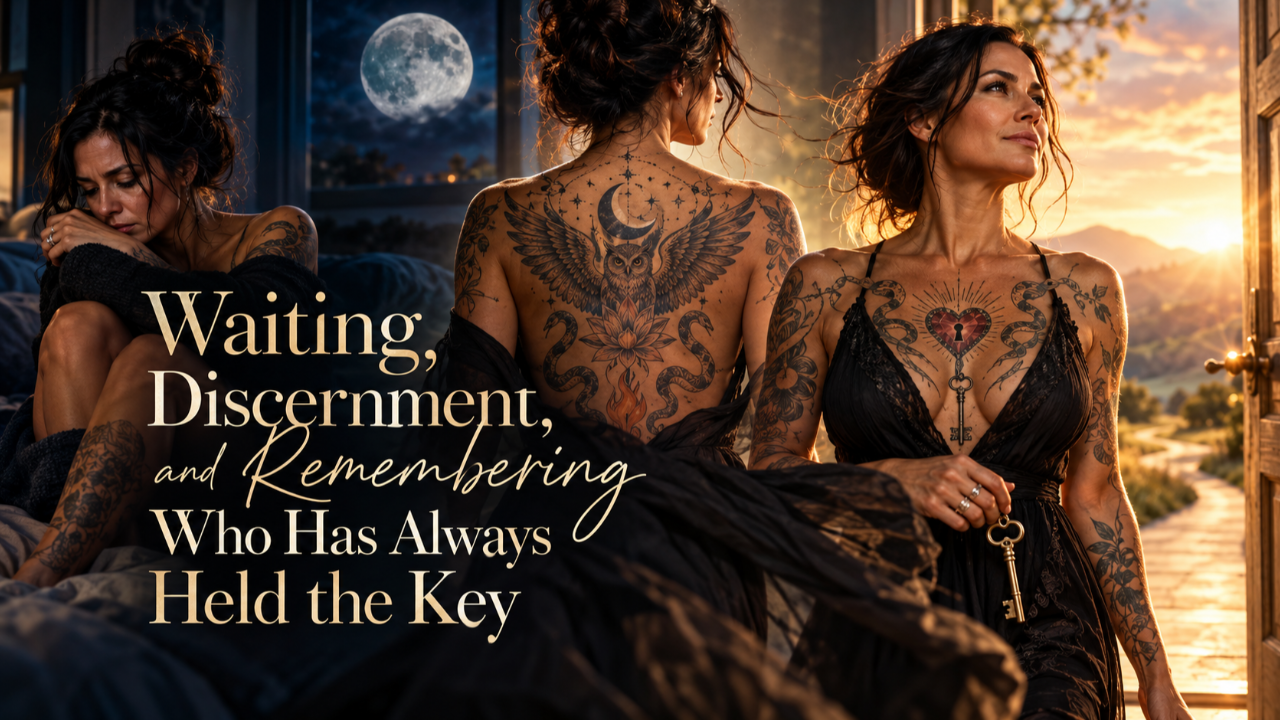 Tattooed woman moving from grief toward light, with an owl, heart, keyhole and key symbolizing discernment, agency and reclaiming the key to her heart.