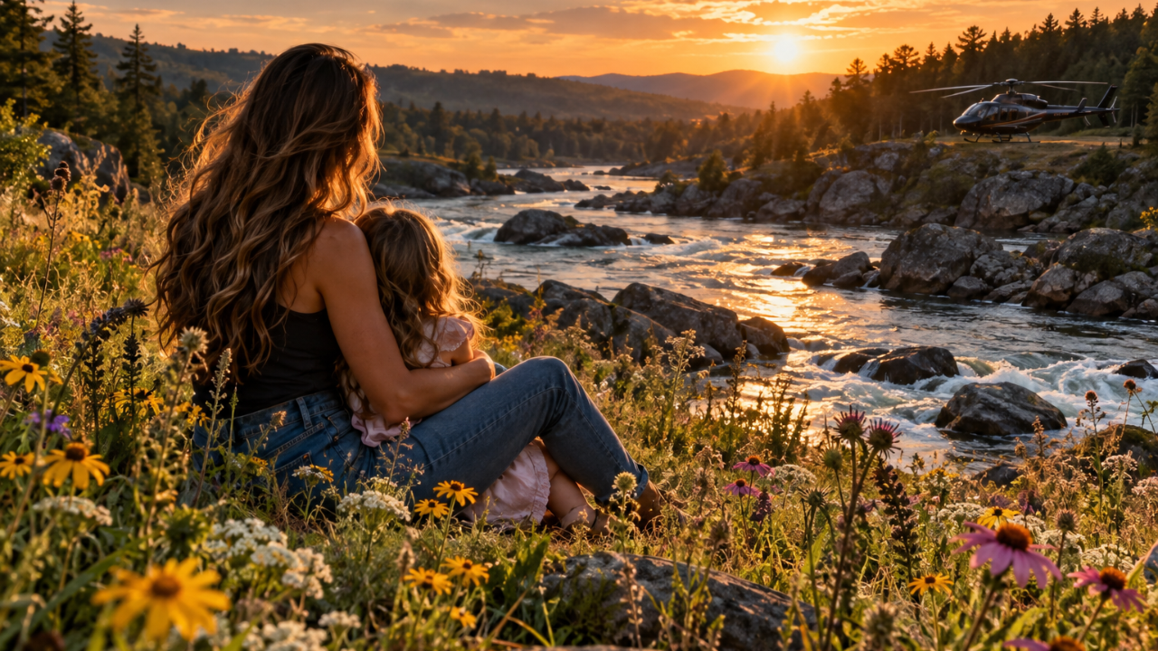 Woman holding a young girl beside a rocky river surrounded by wildflowers, with a helicopter landed across the water.