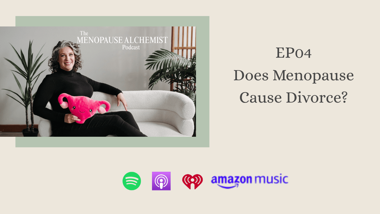 Landscape photo of Coach Kristy sitting on a white couch with plants in the background and a uterus plushie in her lap. The photo is nestled in a sage green box, both of which are over a cream colored background. The podcast episode number and title written in a dark gray font are to the right of the picture and the platforms it can be found on are listed on the bottom using the standard color icons for those channels.
