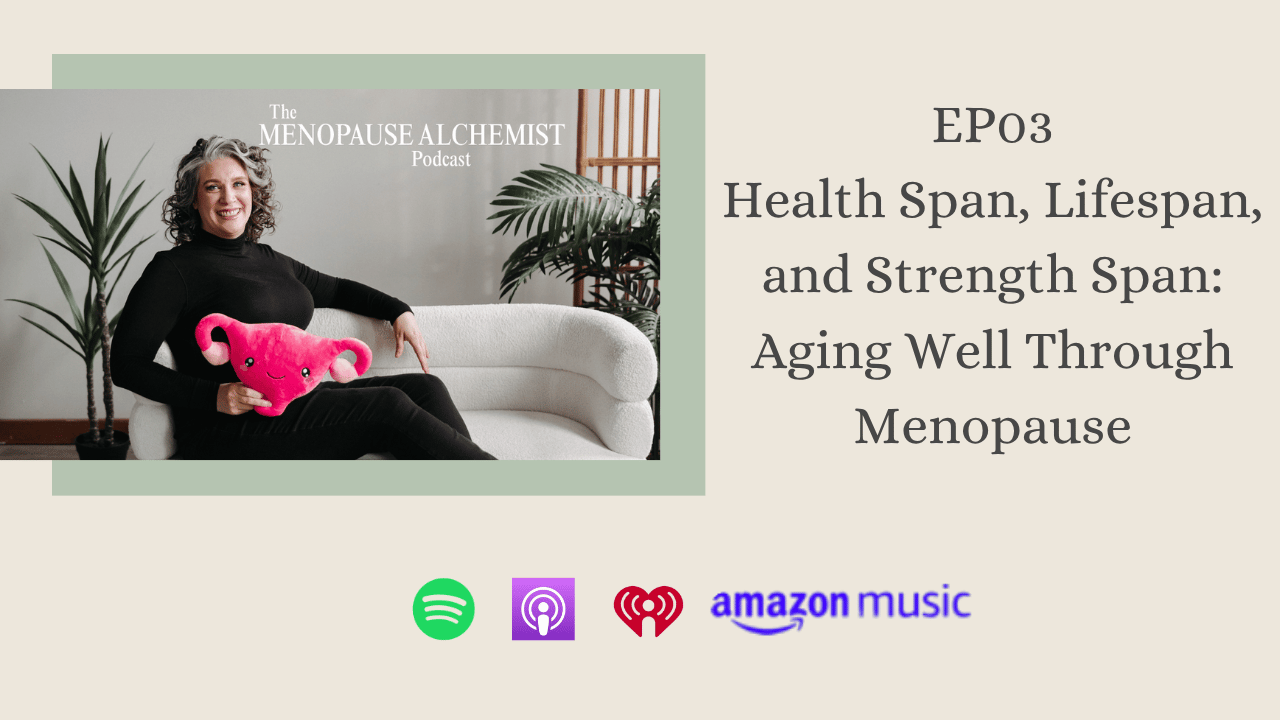 Landscap photo of Coach Kristy sitting on a white couch with plants in the background and a uterus plushie in her lap. The photo is nestled in a sage green box, both of which are over a cream colored background. The podcast episode number and title written in a dark gray font to the right of the picture and platforms it can be found on are listed to the side and below the picture using the standancrd color icons for those channels.