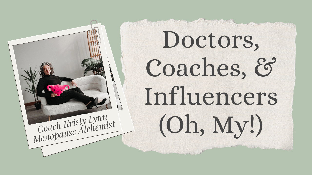 Landscape photo of Coach Kristy sitting on a white couch with plants in the background and a uterus plushie in her lap. The photo is nestled in a sage green box, both of which are over a cream colored background. The podcast episode number and title written in a dark gray font are to the right of the picture and the platforms it can be found on are listed on the bottom using the standard color icons for those channels.