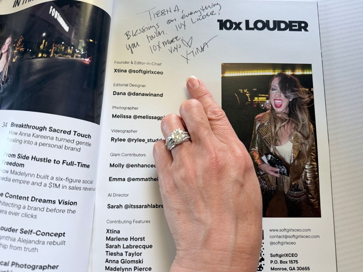 The contributors page of 10X Louder Magazine listing Tiesha Taylor, with a handwritten note from founder Xtina