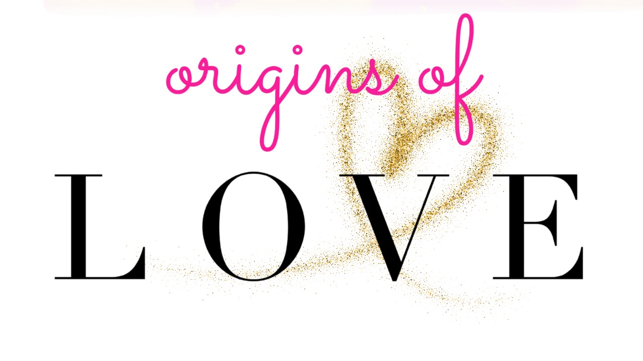 small cap pink script of origins of above bold black font of Love with a glittery gold heart behind the words on  white background.
