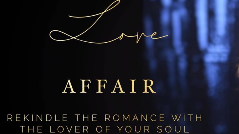 gold script lettering of Love and bold gold lettering of Affair and subtitle of course against a black background.