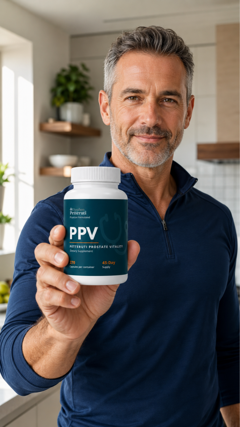 Man holding a bottle of the Petteruti Prostate Vitality (PPV) supplement