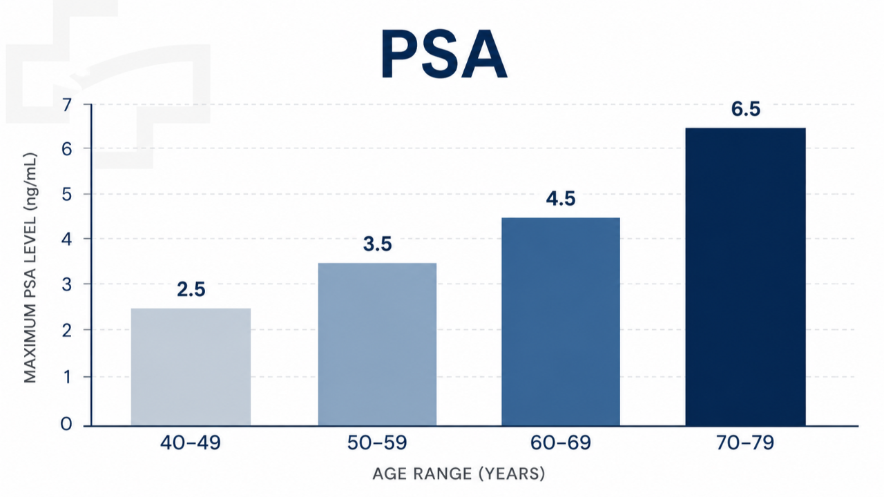 Bar chart of age-adjusted PSA reference ranges showing normal PSA levels by age from 40 to 79 years