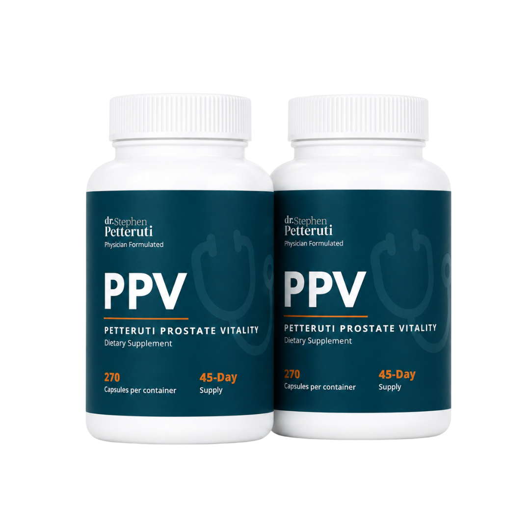 Two bottles of Petteruti Prostate Vitality on a dark blue background
