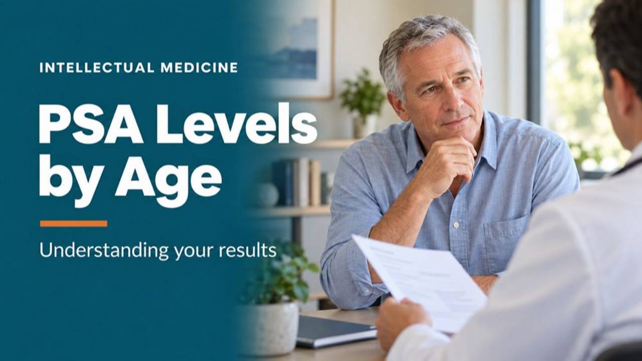 Bar chart of age-adjusted PSA reference ranges showing normal PSA levels by age from 40 to 79 years