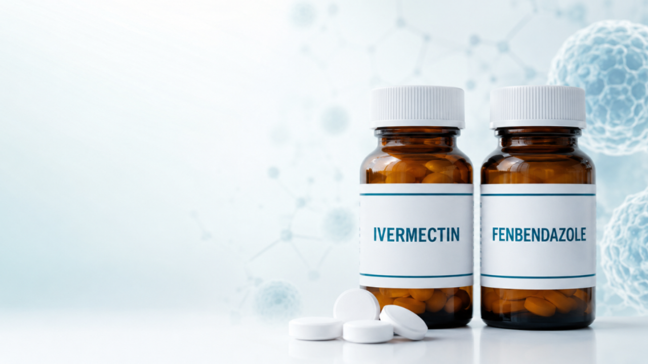Ivermectin and fenbendazole medication bottles with tablets against a light scientific background representing cancer research.
