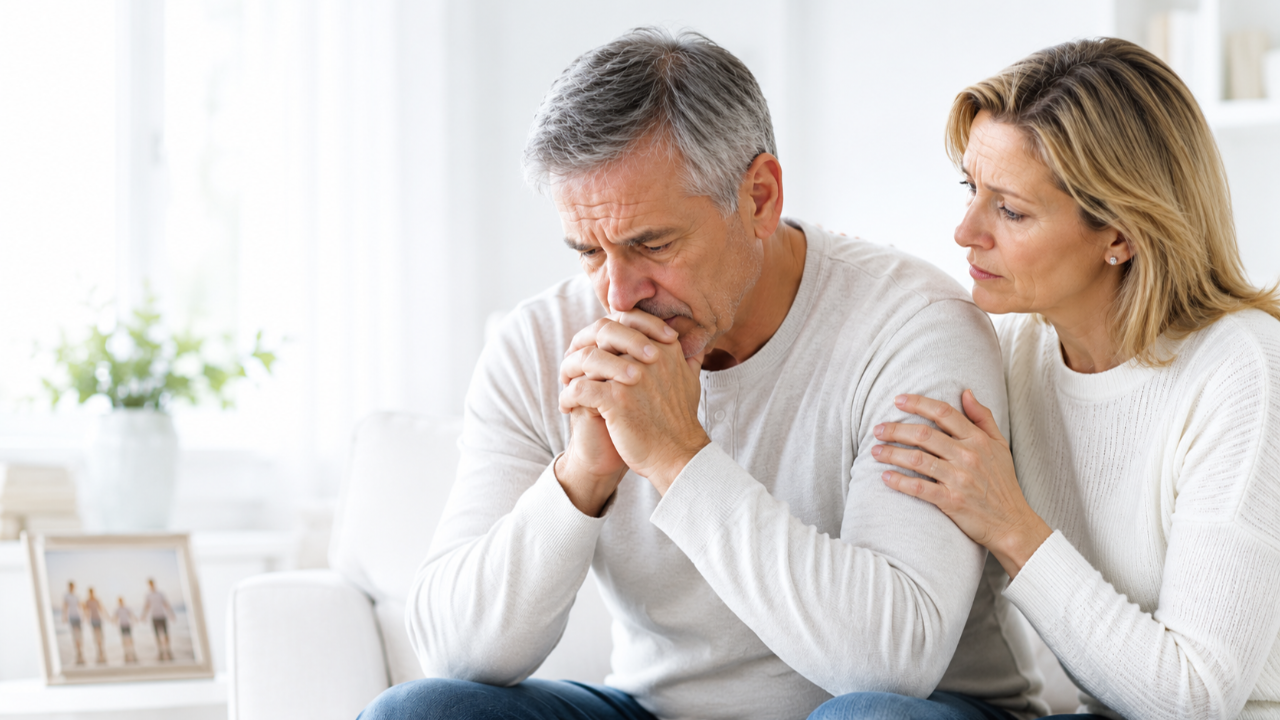 Man and wife facing the emotional impact of a metastatic prostate cancer diagnosis while considering treatment decisions