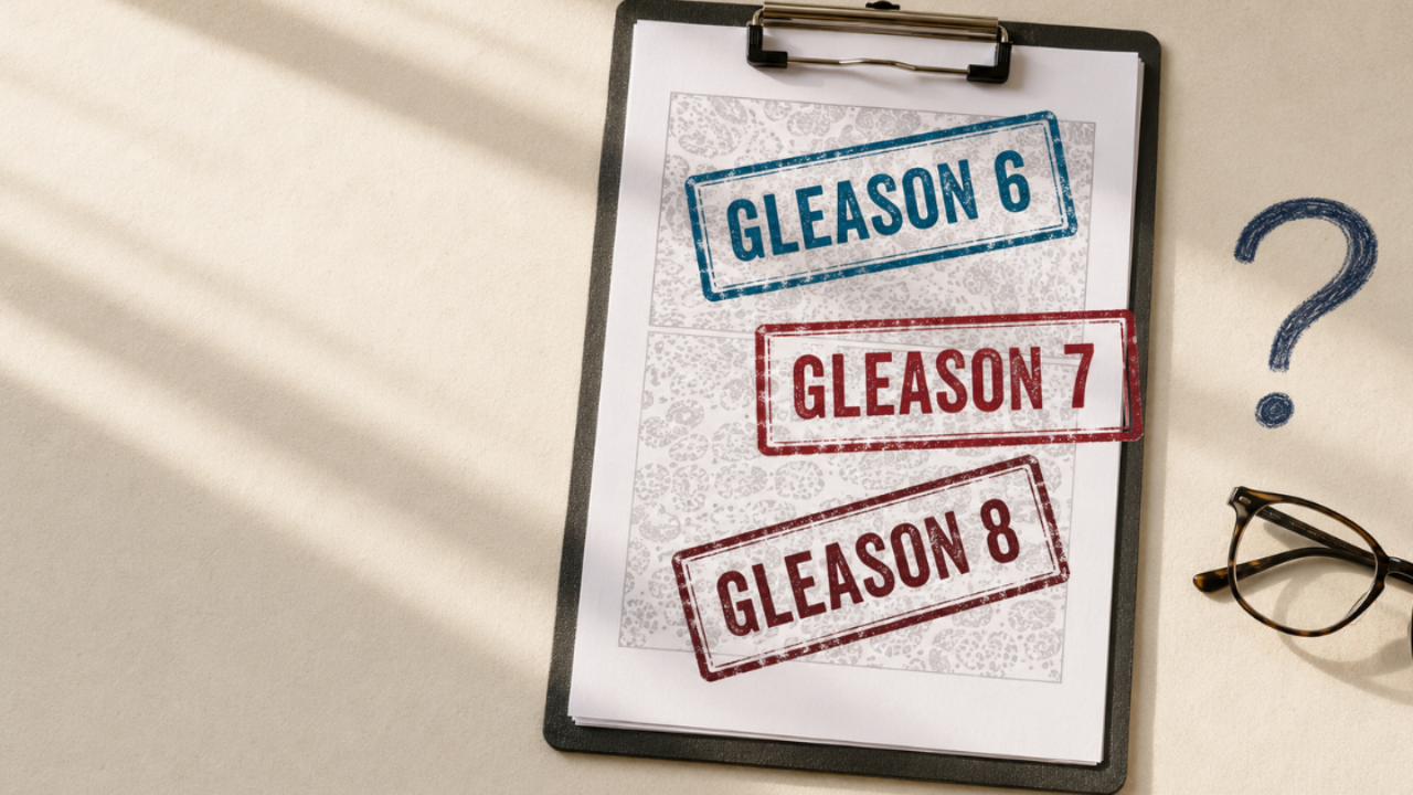 A prostate pathology report marked with conflicting Gleason scores of 6, 7, and 8, illustrating differences in prostate cancer grading.