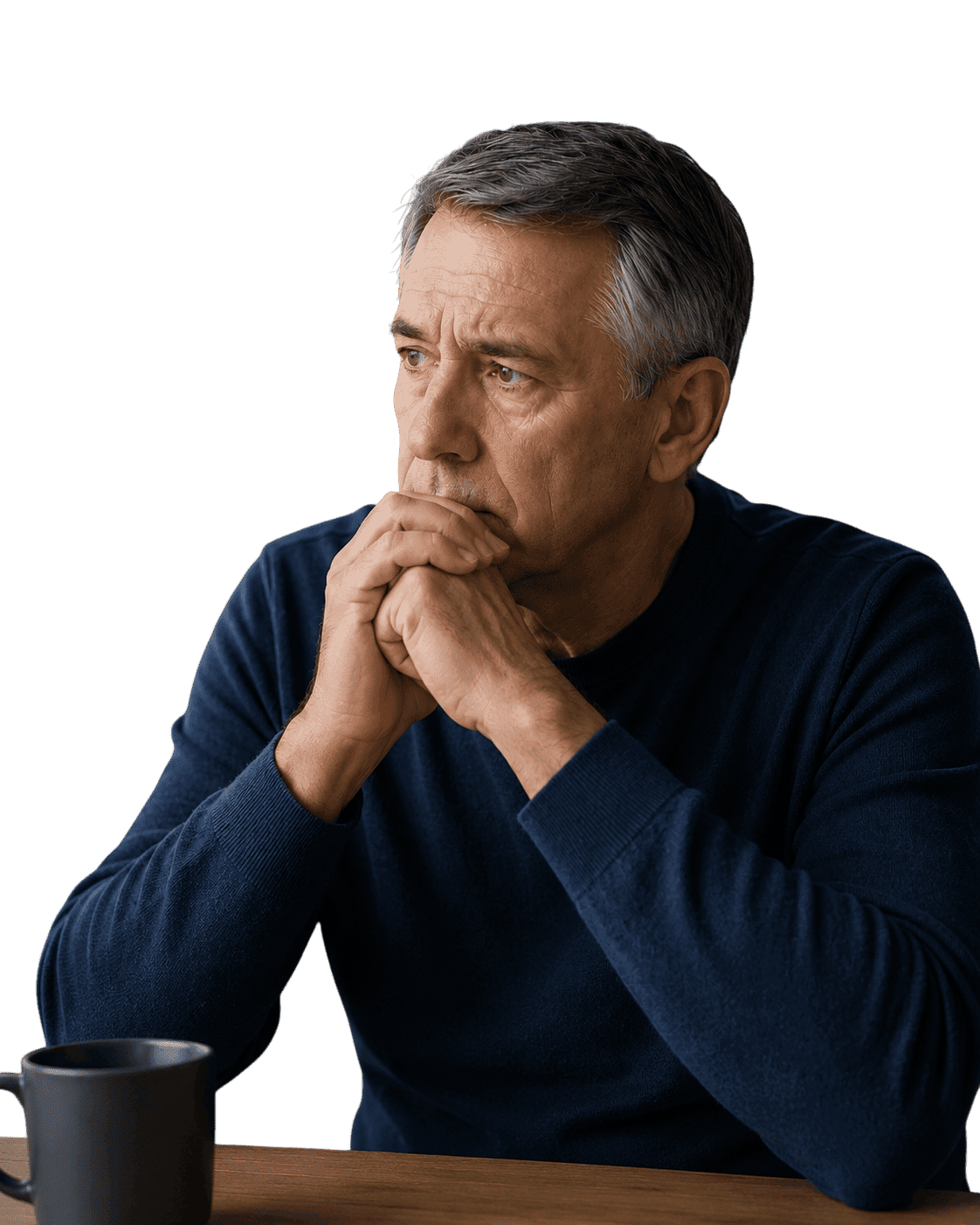 Man in blue shirt, sitting with hands folded, concerned