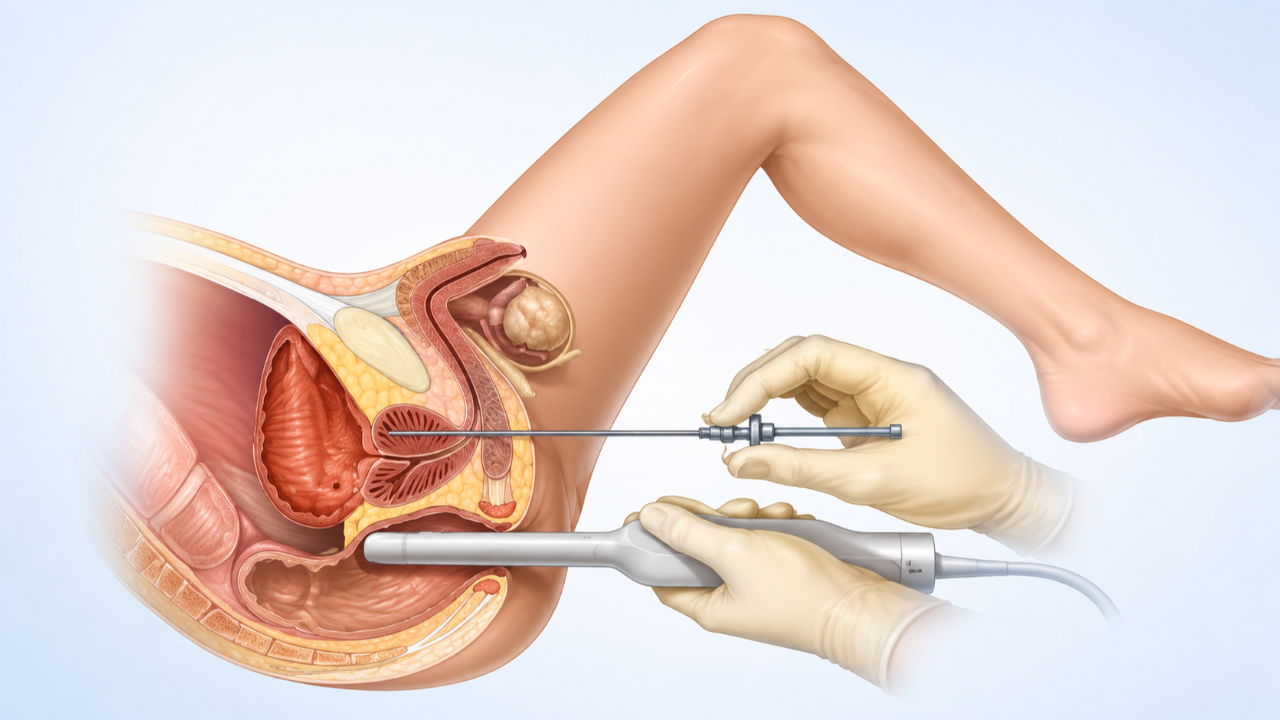 Anatomical medical illustration showing a transperineal prostate biopsy procedure with ultrasound guidance and needle placement into the prostate gland