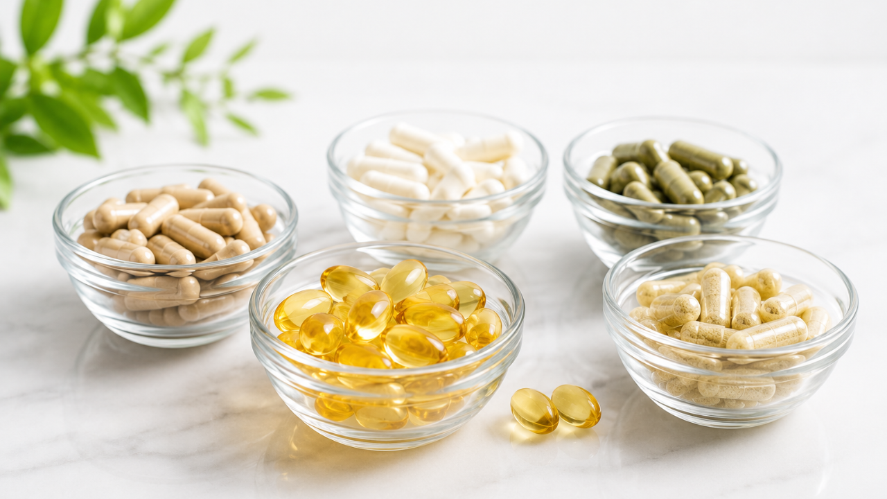 Clear glass bowls filled with supplement capsules and softgels representing supplements used for prostate cancer support