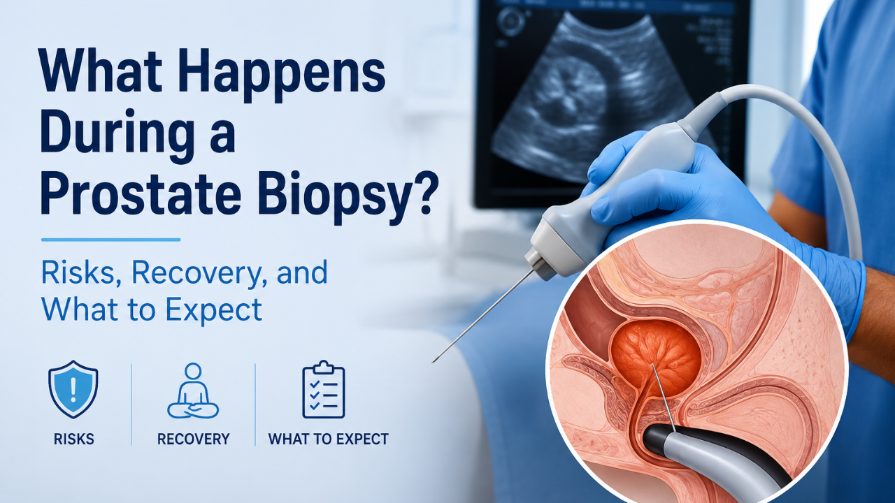 What happens during a prostate biopsy illustration showing risks, recovery, and the biopsy procedure