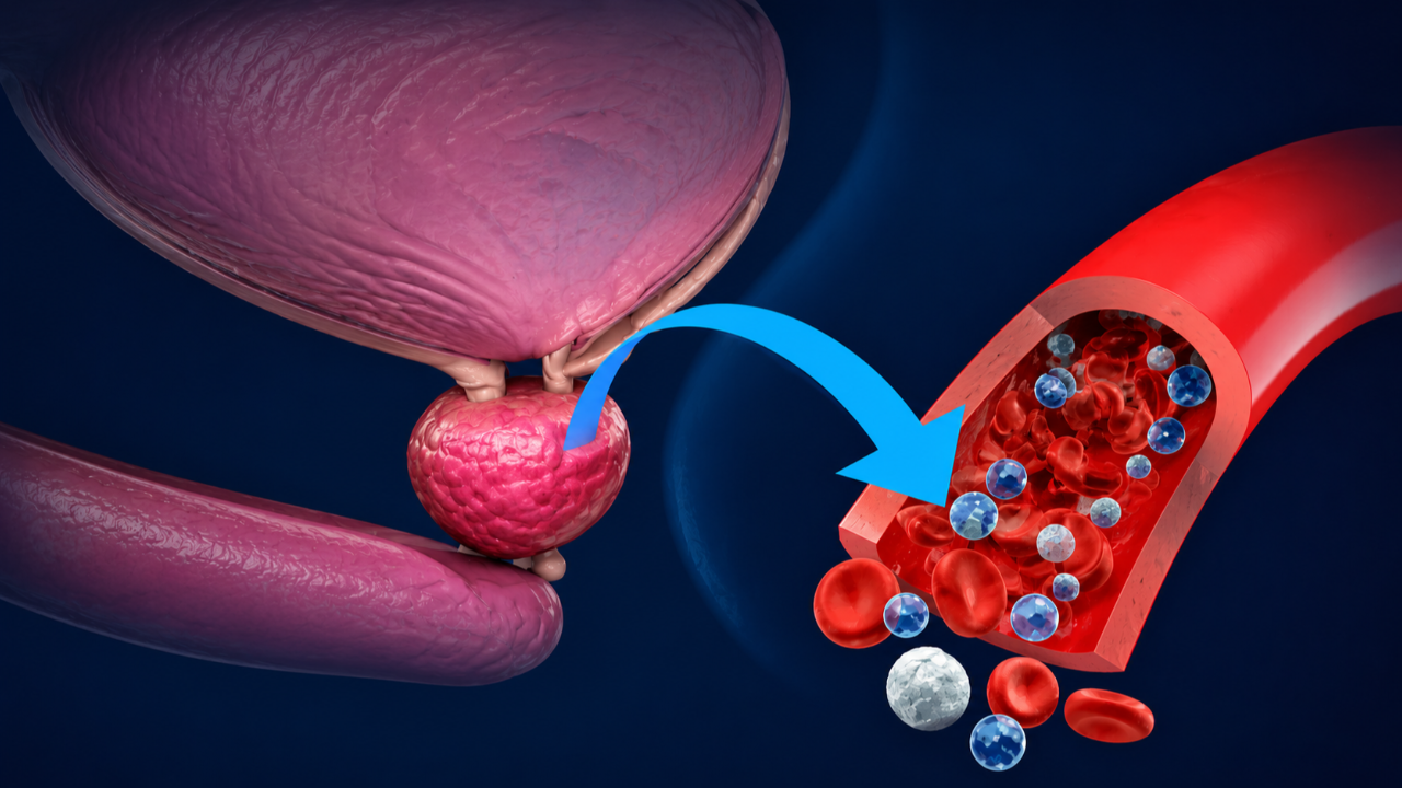 Medical illustration showing elevated PSA levels with prostate-specific antigen entering the bloodstream from the prostate gland