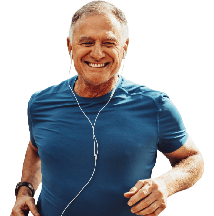 Older man running with head phones on