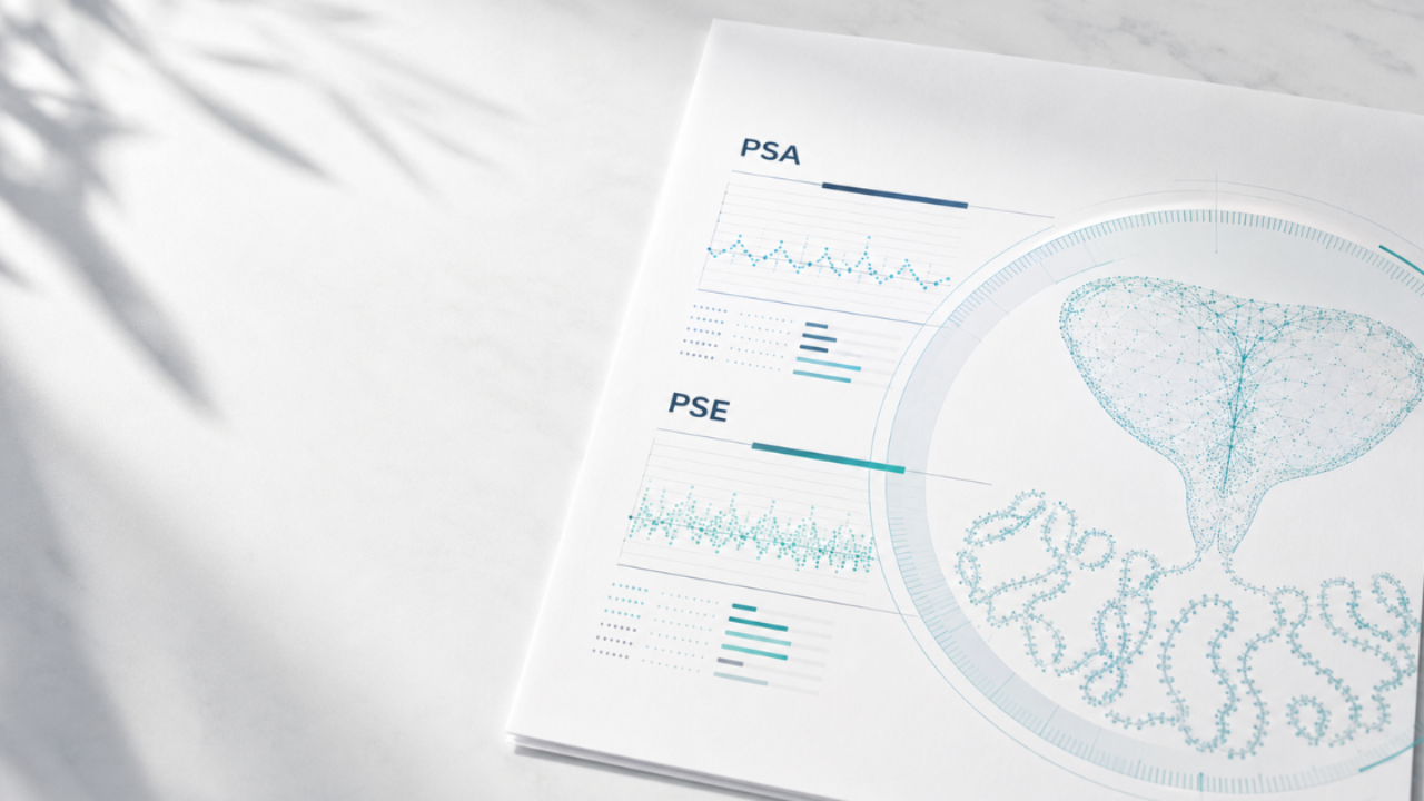 PSA and PSE prostate cancer test results displayed with prostate and genetic data graphics.