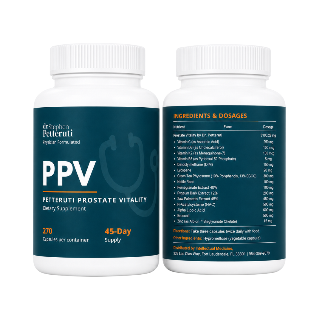 Bottle of Petteruti Prostate Vitality (PPV), showing the front and back