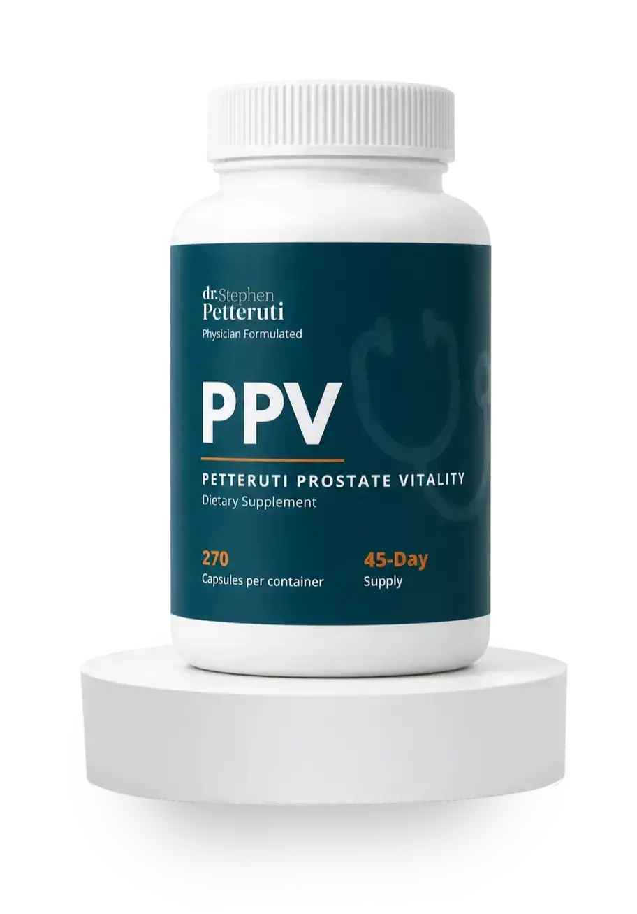Bottle of Petteruti Prostate Vitality (PPV), supplement designed to support a healthy prostate 