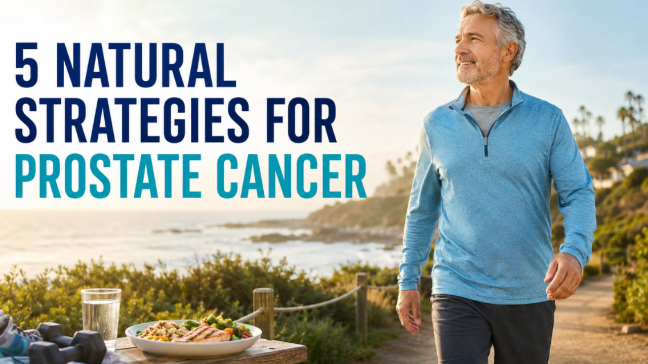 Mature man walking by the coast with healthy food and weights, representing five natural strategies for prostate cancer.