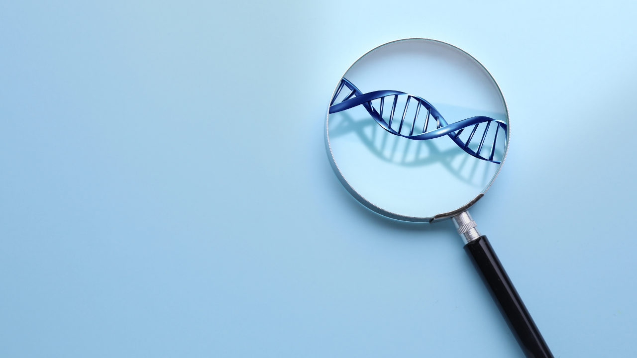 Magnifying glass examining a DNA strand representing genetic testing for prostate cancer and inherited cancer risk.
