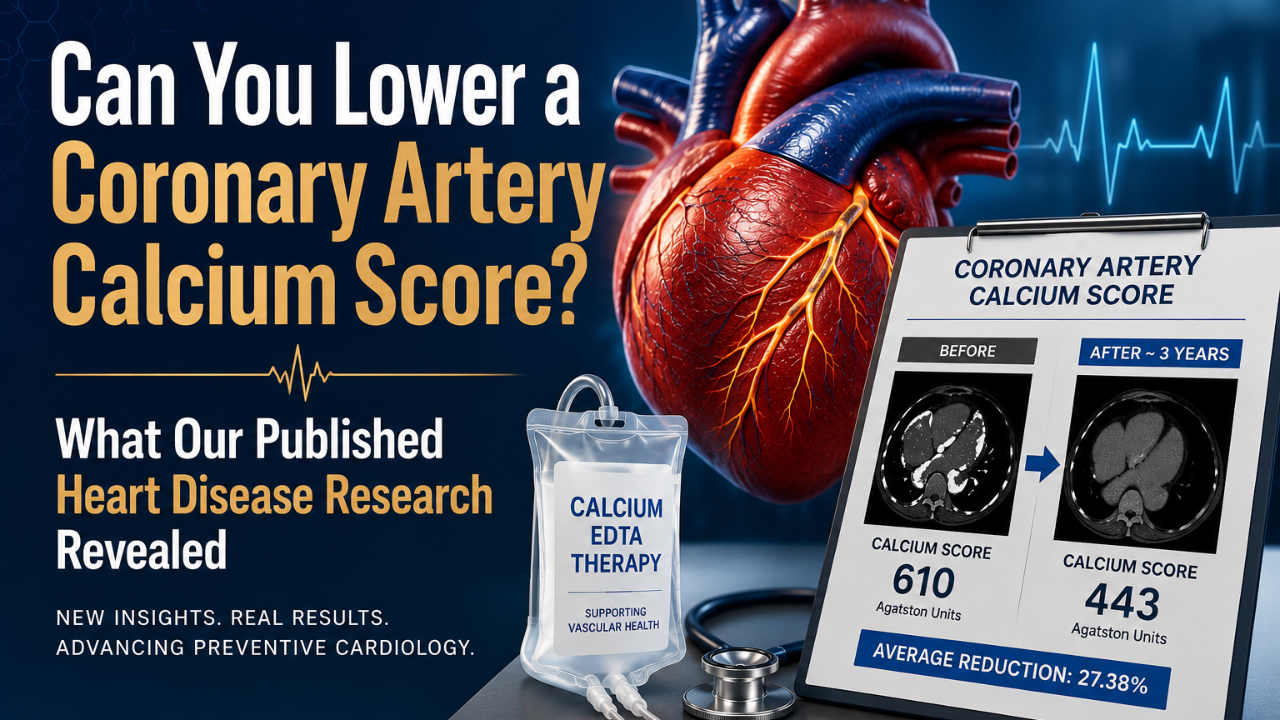 Medical illustration of a human heart beside coronary artery calcium score CT scans showing before-and-after results from published EDTA chelation therapy research on heart disease.