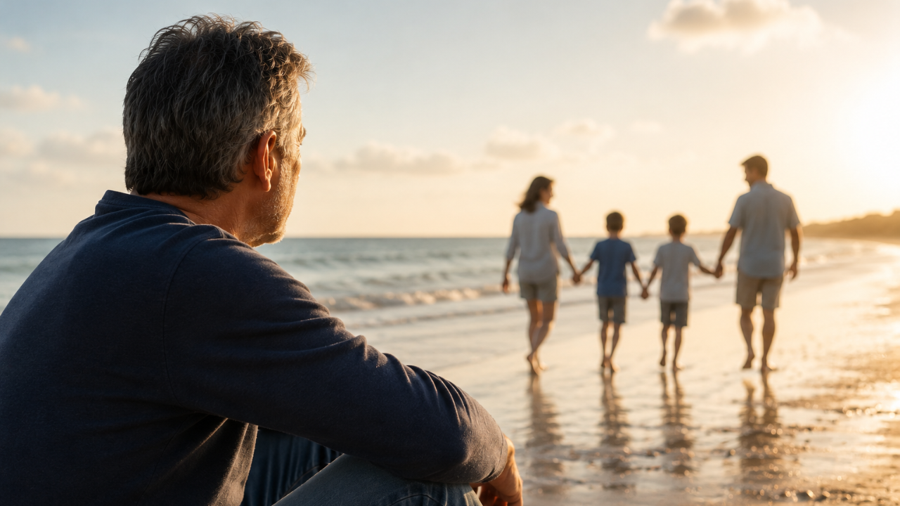 Man watching his family on the beach while reflecting on prostate cancer screening, biopsy, and treatment decisions