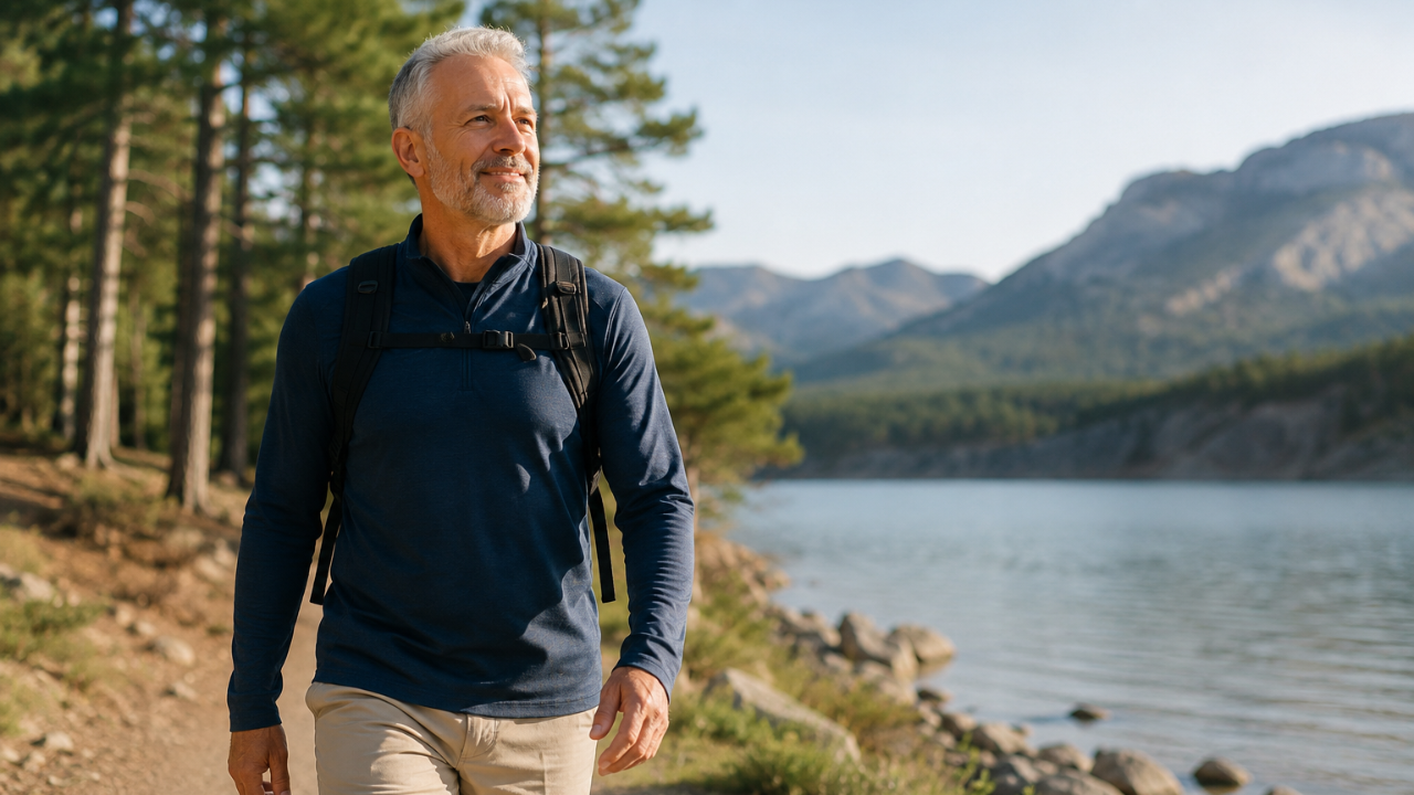 Healthy older man walking outdoors near a lake, representing longevity, vitality, and quality of life after prostate cancer diagnosis