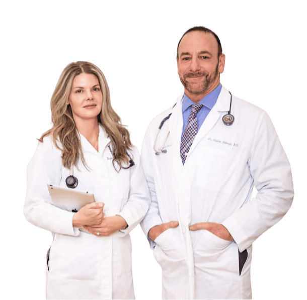Shannon and Stephen Petteruti, with lab coats on