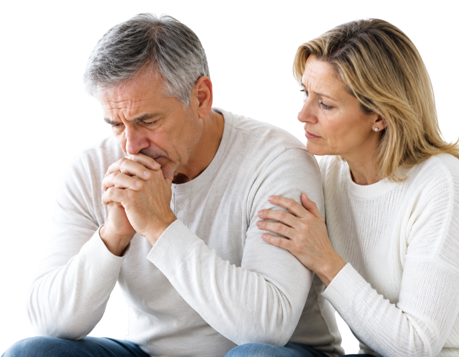 Man sitting concerned with prostate cancer diagnosis while wife looks on