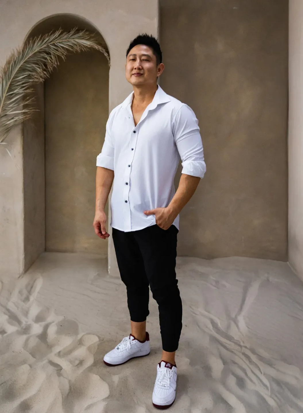 Man posing in a minimalist studio setting with sand floor and arched backdrop