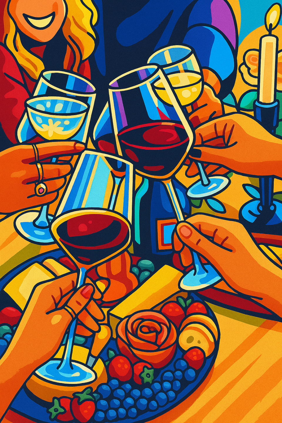 Flavorful, fun,, and informative picture of a wine tastings event with people toasting one another