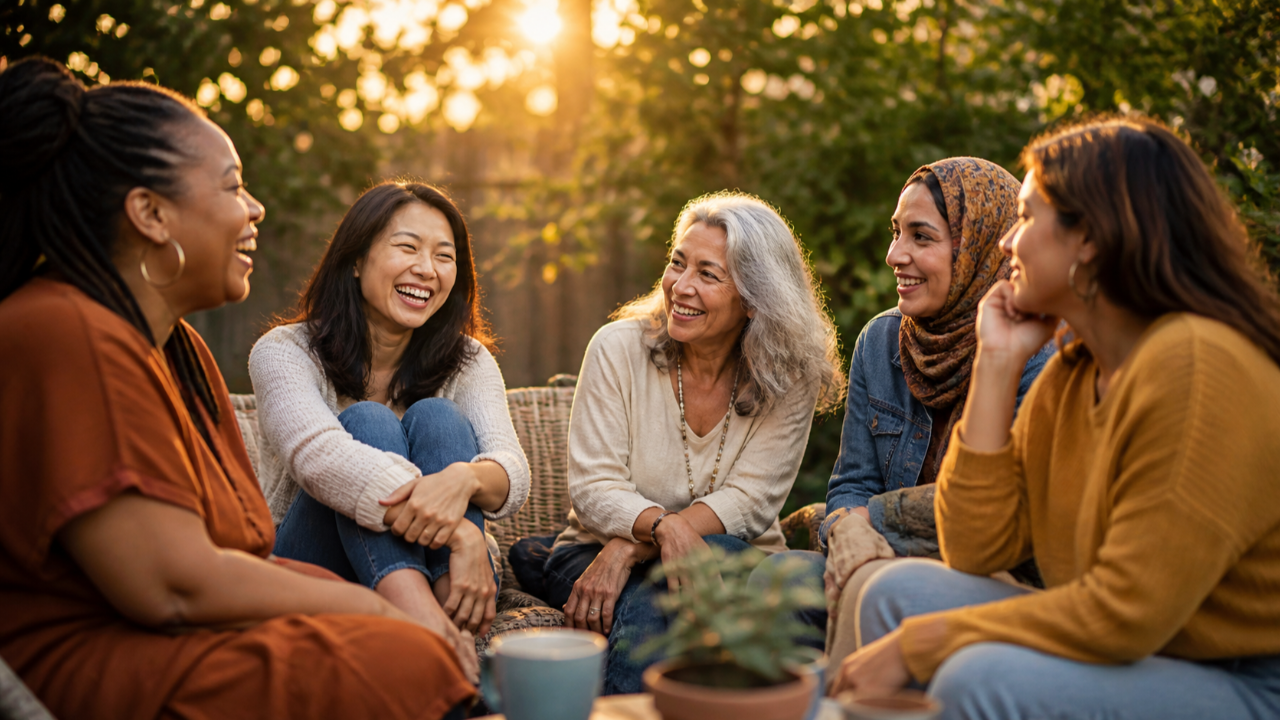 A mother sits quietly feeling connected to a wider community in a calm moment.