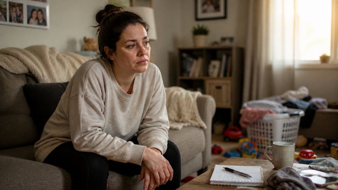 A parent pauses during a busy day, recognizing the weight of navigating systems.