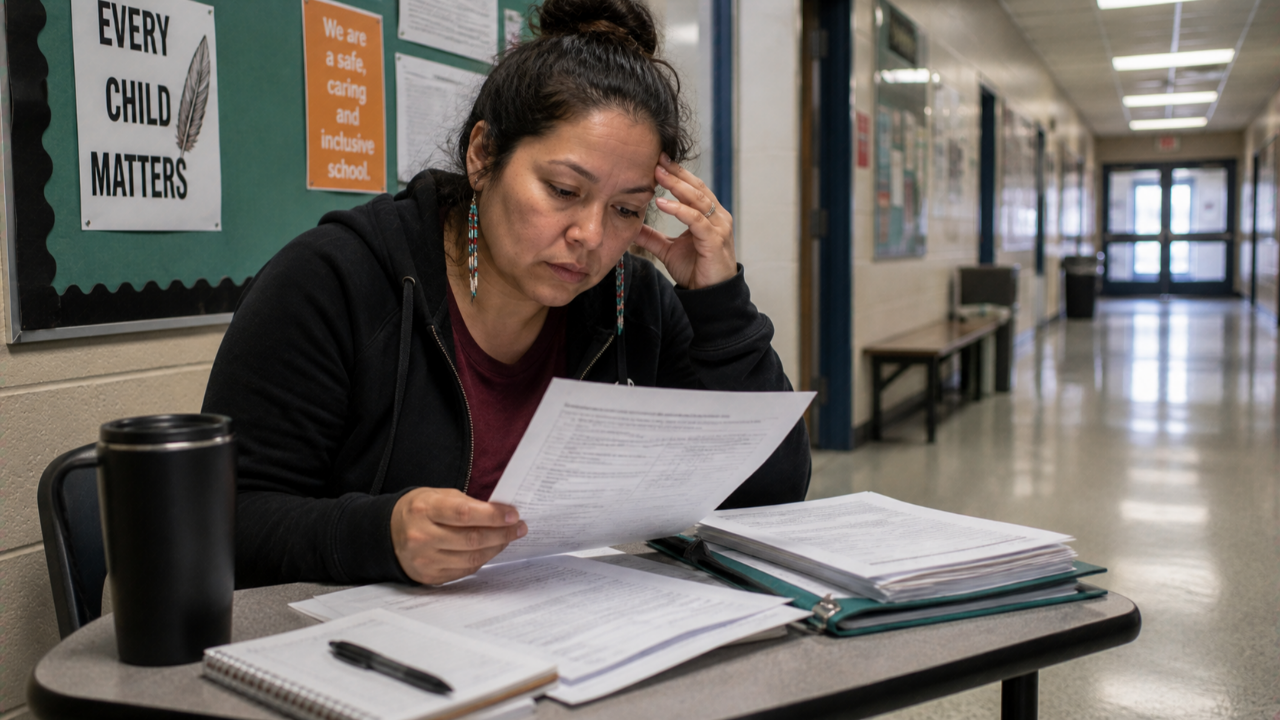 A parent reviews an education plan document with a focused and thoughtful expression.